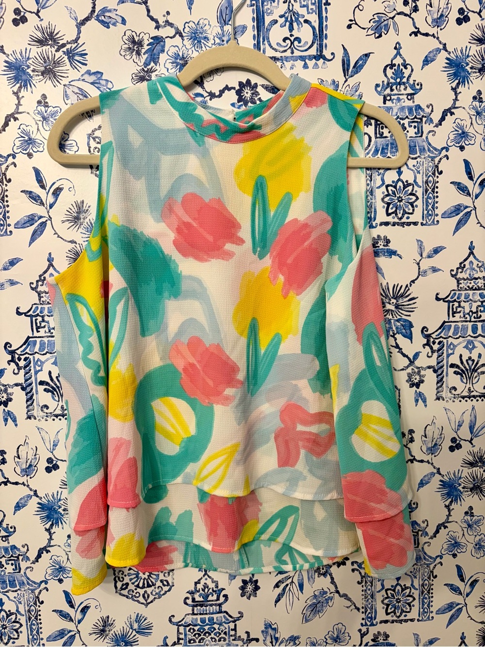 Mud Pie Sleeveless Floral Watercolor Tank Top - White, Pink, Yellow, Teal